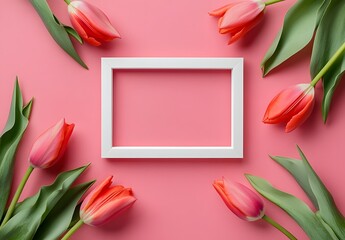 Wall Mural - pink background with white frame & tulips