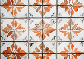 Wall Mural - Vintage Spanish Tile Wall Background with Orange and White Floral Pattern