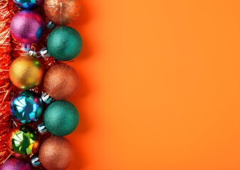 Wall Mural - christmas ornaments & tinsel on orange background