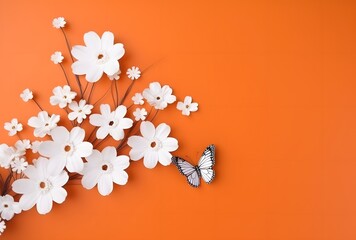 Wall Mural - Minimalist Orange Background with White Flowers and Butterfly