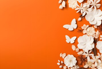 Wall Mural - orange background with white flowers and butterflies flat lay