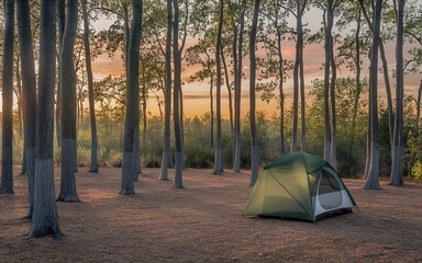 A green tent pitched in a forest at sunset.