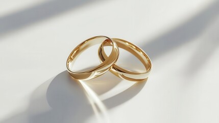 intertwined golden wedding rings on pristine white background soft shadows subtle reflections timeless symbol of love and commitment elegant minimalist presentation