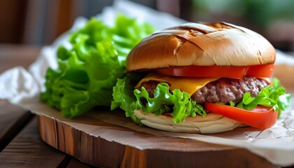 Homemade Burger Delight with Fresh Lettuce and Juicy Tomato on Toasted Bread