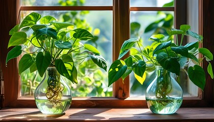 Sunny indoor scene featuring two clear vases with vibrant green plants on a wooden table by a sunlit window