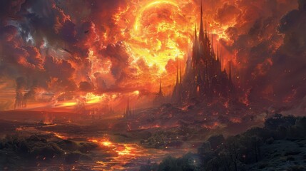 Wall Mural - a painting of a forest fire with a lot of smoke and fire