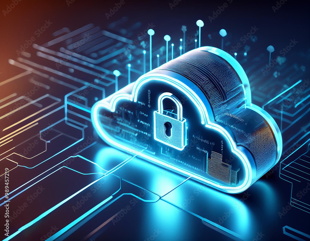 A stylized cloud icon combined with a secure padlock symbol represents ...