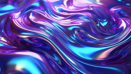 Metallic liquid background. Abstract neon texture. Rainbow 3d holographic foil. Wavy glossy surface in blue and purple colors.