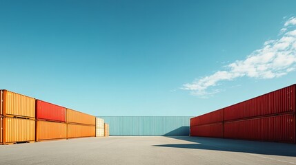 Sticker - A container yard is displayed with a blue sky overhead, symbolizing global business logistics and cargo transport. The image provides space for text