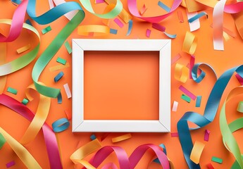 Poster - Orange Background with White Frame and Colorful Ribbons