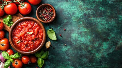 Ingredients for preparing tomato salsa on a dark green wooden surface This classic sauce includes tomatoes basil spices chili pepper onion and garlic Vegan food concept Top view with space for text