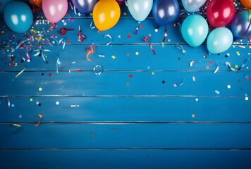 Canvas Print - Colorful Balloons & Confetti on Blue Wooden Background