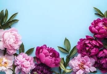 Sticker - Pink & Purple Peonies Floral Border on Blue Background