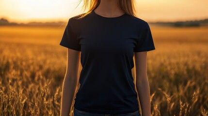 caucasian female model donning a navy blue crewneck blank mockup t shirt with short sleeves set agai