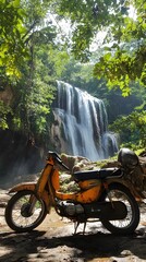 Wall Mural - Old Rusty Motorcycle Abandoned in Overgrown Forest, Pattern Background, Wallpaper, Cover and Screen for Smartphone, PC, Laptop, 9:16 and 16:9 Format