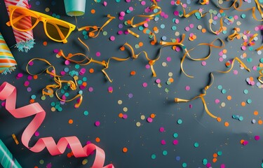 Canvas Print - Colorful Confetti and Streamers on Grey Background