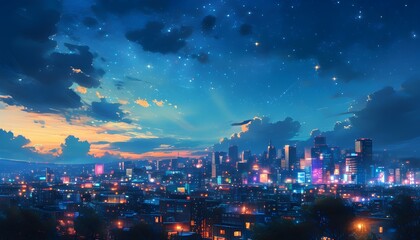 Serene cityscape illuminated by vibrant neon lights under a starry blue sky