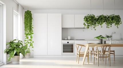 Wall Mural - Minimalist Kitchen with Hanging Pothos Plants