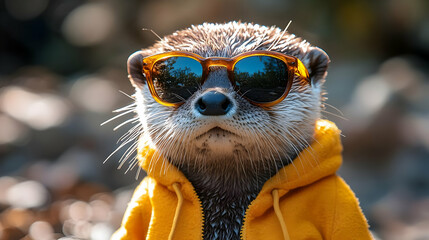 Wall Mural - Cute Otter Wearing Sunglasses and a Yellow Hoodie Photo