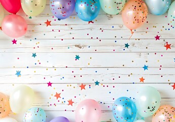 Canvas Print - Colorful Balloons and Confetti on White Wooden Background