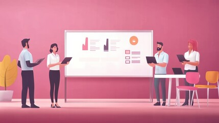 Wall Mural - Flat design showing a business presentation on a whiteboard with a group of workers.