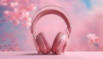 Wall Mural - Stylish pink headphones against a soft pastel backdrop, perfect for showcasing products with elegance and charm