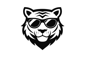 Wall Mural - A Tiger head logo with sunglass silhouette, simple vector outline, on a white background  vector art illustration