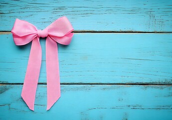 Wall Mural - Pink Ribbon Bow on Turquoise Wooden Background