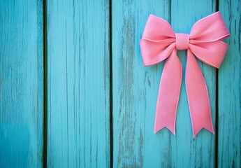 Canvas Print - Pink Ribbon Bow on Blue Wooden Background