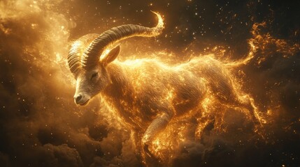 Wall Mural - A Golden Ram Blazing with Fiery Energy Surrounded by Clouds and Stars