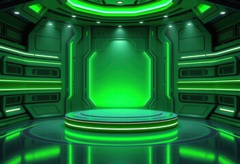 Green Futuristic Room with a Circular Platform