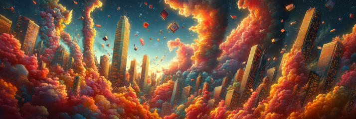 Wall Mural - Cityscape engulfed in vibrant clouds with floating cubes.