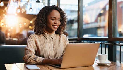 Happy young woman working remotely on a virtual video team meeting call, remote work and digital nomad lifestyle