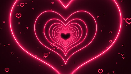 Wall Mural - valentines day neon hearts on dark background, valentine and romantic love background, shiny and glowing neon lights hearts