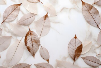 Sticker - Dried Brown Leaves on White Marble Background