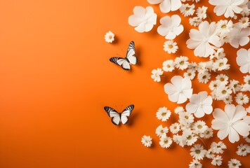 Sticker - Minimalist Flat Lay: White Flowers & Butterflies on Orange