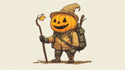 An illustration of the Halloween pumpkin character, dressed in a wanderer's clothes on a pastel background