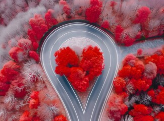 Sticker - Aerial View of Heart-Shaped Road with Red Trees