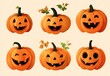 © kukichart - Set of drawn cute orange cartoon jack-o'-lanterns with different expressions and emotions, vector graphics with gradients