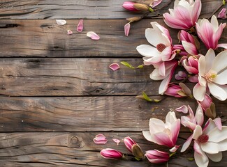 Wall Mural - pink magnolia flowers on rustic wood background