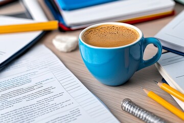 a close-up of a teacherâ€™s desk, covered in textbooks, lesson plans, and a cup of coffee, represent