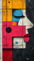 Sticker - Colorful mural of a woman's face with bold geometric shapes.