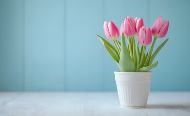 Sticker - Pink Tulips in White Pot on Wooden Background