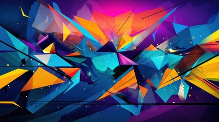 A dazzling display of geometric shapes and vivid colors forming an abstract, energetic, and dynamic visual composition.