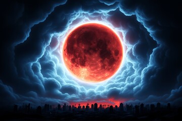 Wall Mural - A full moon surrounded by dark, swirling clouds, with eerie red light reflecting off a haunted graveyard below, in a full moon fantasy artwork illustration