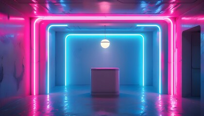 Wall Mural - Futuristic neon sign glowing in vibrant pink and blue with a central white light