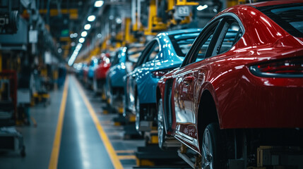 Naklejka na meble Automobile assembly line at a manufacturing facility during daytime showcasing various colored cars
