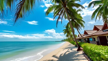 Tropical Seascape Bliss: Coconut and Palm Tree Beach Bungalow Resort on a Sunny Day for Relaxing Holiday Getaways