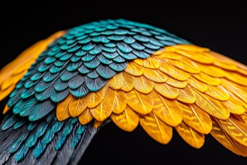 A hyper-realistic close-up of a birdâ€™s feathers, capturing the intricate patterns and vibrant colors in high detail