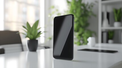 A stylish smartphone stand mockup in a contemporary design, placed on a blurred background of a tech-savvy home office